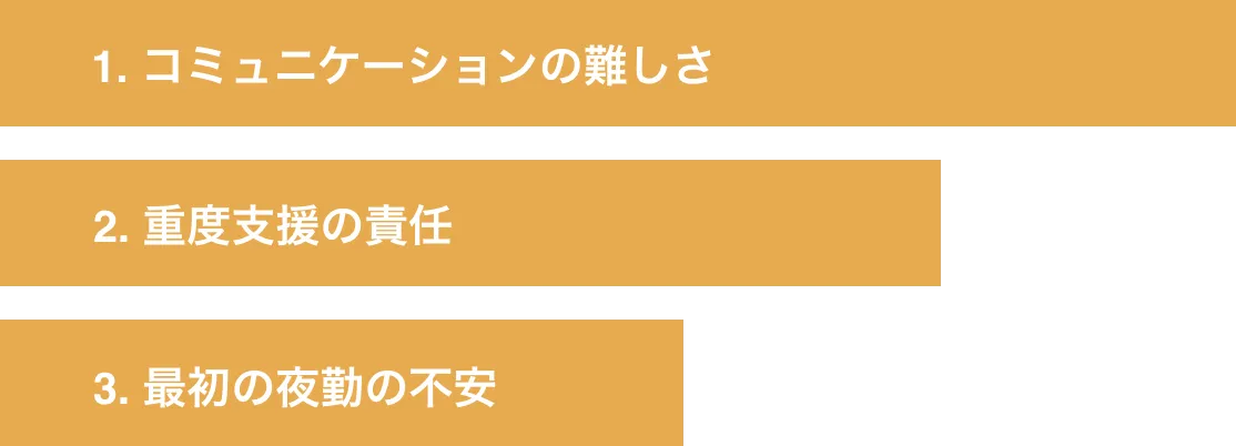 1. コミュニケーションの難しさ 2. 重度支援の責任 3. 最初の夜勤の不安